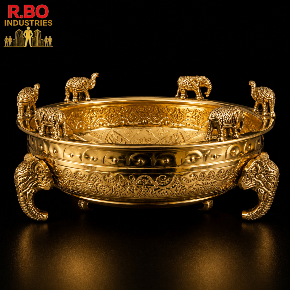 R.BO Industries Royal Brass Elephant Urli / Abhishek Bowl with Intricate Embossed Textures