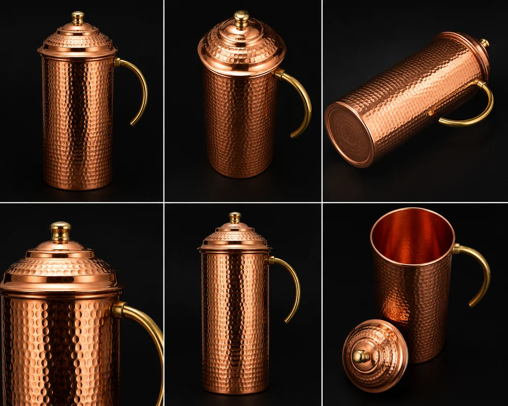 Hammered Copper Water Jug 1250 ml with Brass Handle and Lid Premium Copper Water Pitcher - Image 6