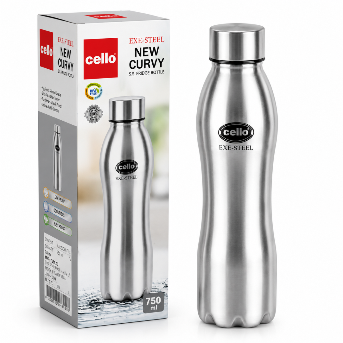 Cello Exe-Steel New Curvy S.S. Fridge Bottle 750ml | Brought to you by R.BO Industries