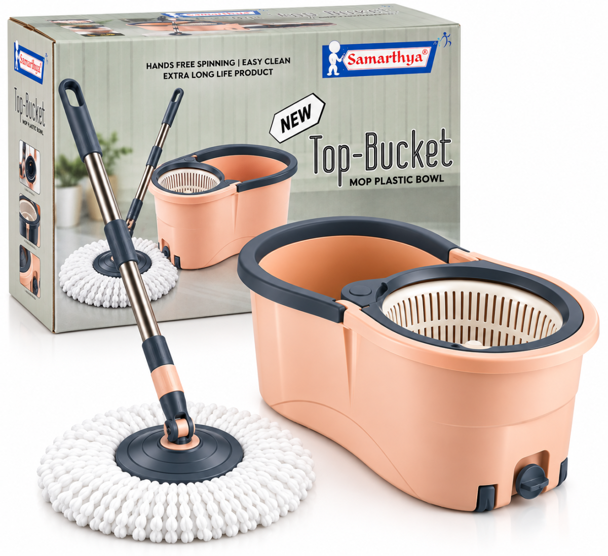 Samarthya Top-Bucket Mop Plastic Bowl | Hands-Free Spinning Mop and Bucket Set