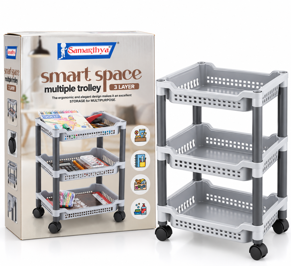 Samarthya Smart Space 3 Layer Multiple Trolley | Multipurpose Storage Organizer with Wheels
