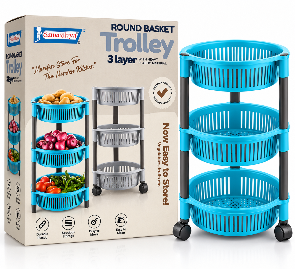 Samarthya 3 Layer Round Basket Trolley for Kitchen | Heavy Plastic Storage Organizer with Wheels